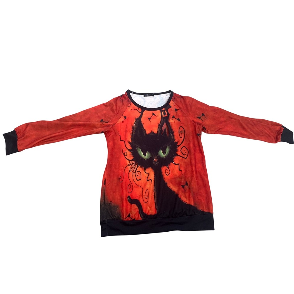 Womens Black Cat Graphic Sweatshirt Orange Red Halloween Gothic Top Medium